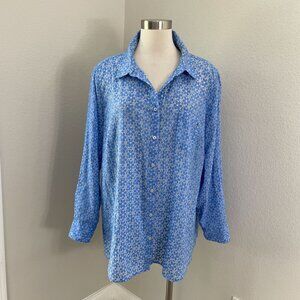 Tommy Hilfiger Womens Plus IX Blue Button Up Sheer Shirt Long Sleeve Blouse Top
